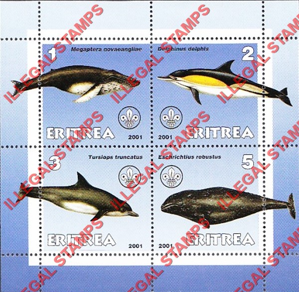 Eritrea 2001 Whales and Dolphins Marine Creatures Counterfeit Illegal Stamp Souvenir Sheet of 4 Eritrea 2001 Whales and Dolphins Marine Creatures Counterfeit Illegal Stamp Souvenir Sheet of 4